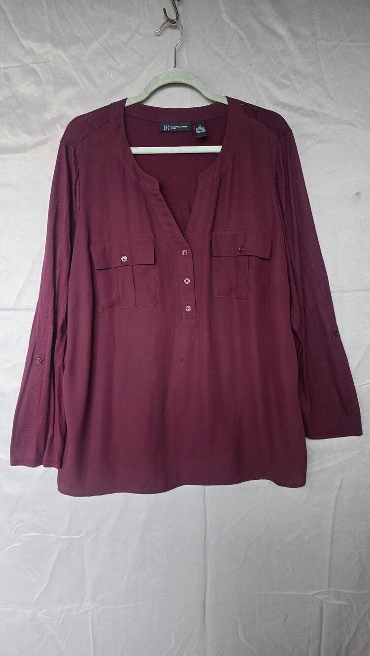 INC International Concepts Blouse Womens 2X Red Henley Roll Tab Sleeve Tunic Top